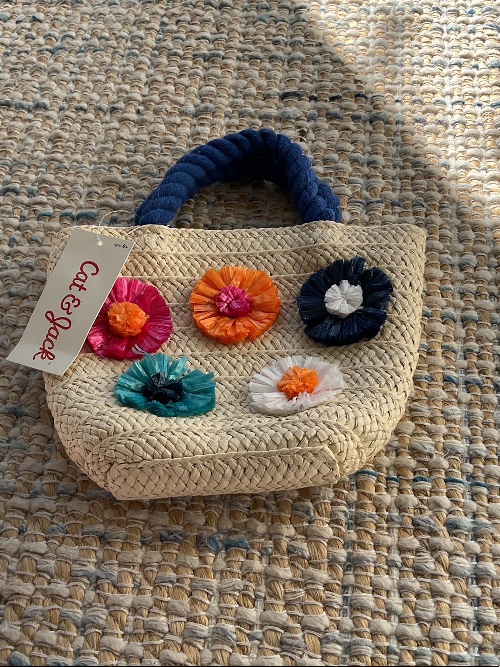 Cat & Jack Straw Tote Bag with Pink, Orange, Teal, Navy & White Flower Accents